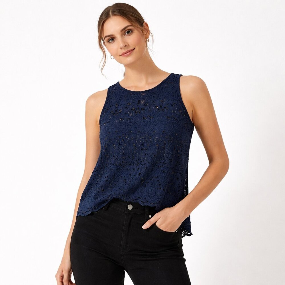 Monteau Navy Lace Eyelet Sleeveless Top Holiday Classic Casual L
